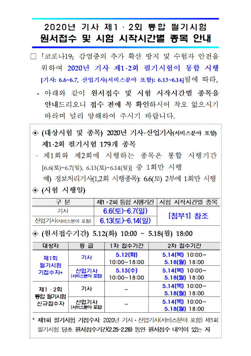 2020년 기사 제1,2회 통합 필기시험 원서접수 및 시험 시작시간별 종목 안내문(20.04.28.)001.png